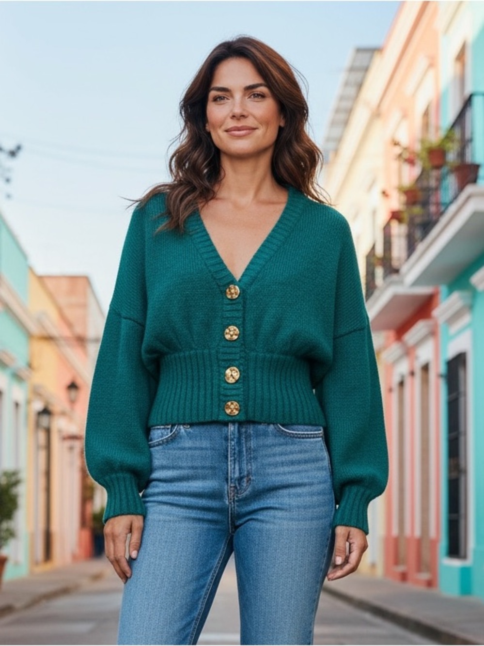 Farm Rio | Knit Cropped Cardigan Balloon Sleeve Sweater | Green | Size M
